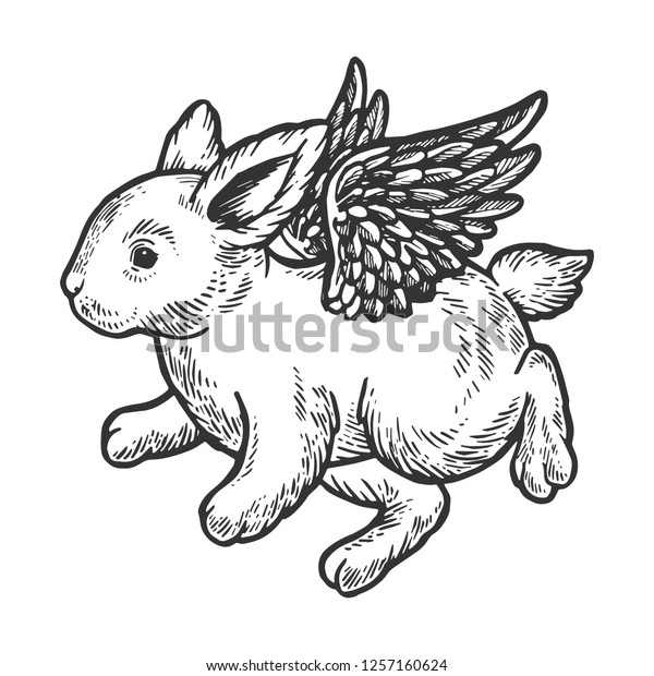 天使空飛ぶ赤ちゃんの小さなウサギのバニー彫刻ベクターイラスト スクラッチボードのスタイルの模倣 白黒の手描きの画像 のベクター画像素材 ロイヤリティフリー