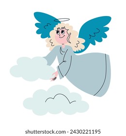 Angel flying with clouds. Cute character in doodle style.