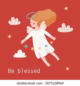 An angel flying in the clouds and holding a garland of stars. Christmas greeting card design. Cute vector illustration. Winter holidays card. An angel spreading blessings, joy and miracles.