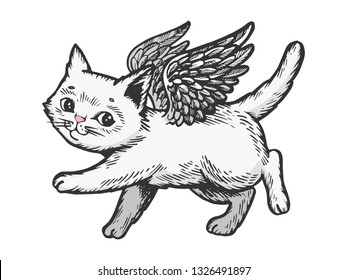 Angel flying kitten color white sketch engraving vector illustration. Scratch board style imitation. Black and white hand drawn image.