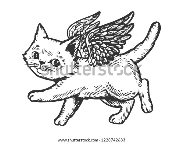 天使飛翔子猫彫刻ベクターイラスト スクラッチボードのスタイルの模倣 白黒の手描きの画像 のベクター画像素材 ロイヤリティフリー