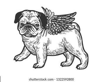 Angel flying pug dog puppy sketch engraving vector illustration. Scratch board style imitation. Black and white hand drawn image.