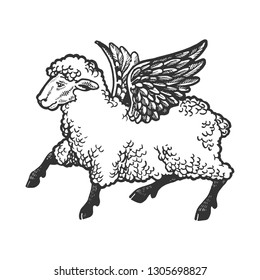 Angel flying sheep engraving vector illustration. Scratch board style imitation. Black and white hand drawn image.