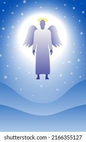 Angel flying in the sky on a blue starry night sky background with a moon, vector cartoon illustration.