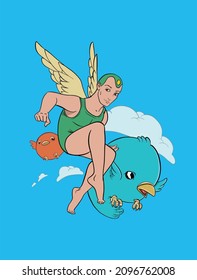 An angel flying together with a couple of funny birds. Vector Illustration