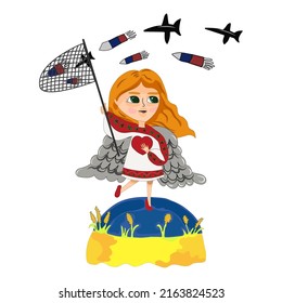 An angel in the form of a little girl stands on the ball of the map of Ukraine, catching Russian missiles with a scoop. concept "Protection of Ukraine". Support for Ukraine. There was no war. Ukraine 