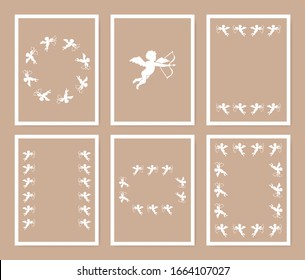 Tarjeta de marco de ángel ambientada en estilo minimalista en color blanco con fondo marrón. Diseño romántico de decoración para el día de la boda. Ilustración vectorial hecha a mano de época de vacaciones.