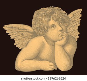 Angel from the fresco by Rafael Santi. Hand drawn engraving. Editable vector vintage illustration. Isolated on dark background. 8 EPS