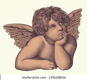 Angel from the fresco by Rafael Santi. Hand drawn engraving. Editable vector vintage illustration. Isolated on light background. 8 EPS