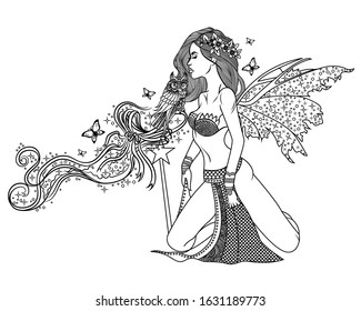 Angel Girl With Beautiful Wings. Magical Line Art. Fantasy Line art.