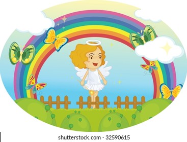 An angel girl between the arc of a rainbow