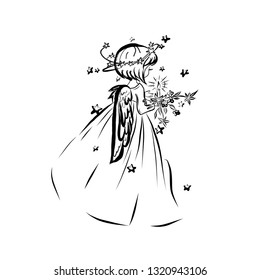 Angel girl with a candle. Graphic vintage linear drawing. Concept for religious holidays - Easter, Christmas. Bible symbol. Illustration for children's books, cards