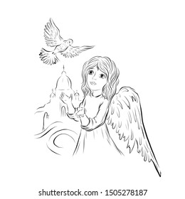 Angel girl. Dove fly against the background of the temple. Graphic vintage linear drawing. Concept for religious holidays - Easter, Christmas. Biblical heavenly symbol of child with wings. 