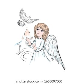 Angel girl. Dove fly against the background of the temple. Graphic vintage linear drawing. Concept for religious holidays - Easter, Christmas. Biblical heavenly symbol of child with wings. 