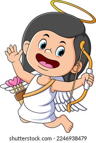 The angel girl is flying and holing the love bow of illustration
