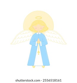 Angel girl with hands folded in prayer holding a cross. Children's Christian illustration