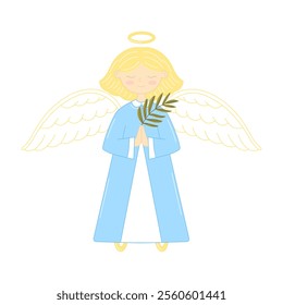 Angel girl holding palm branch. Palm Sunday Children's Christian illustration