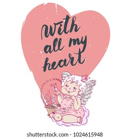 

Angel girl and lettering on background heart for holidays. Vector template for stickers, wedding invitation,card, background.

