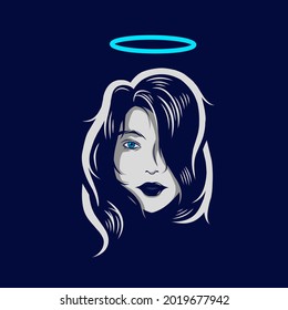 Angel Girl Line Pop Art Potrait Logo Colorful Design With Dark Background. Woman Goddess Vector Illustration. Isolated Black Background For T-shirt, Poster, Clothing, Merch, Apparel, 