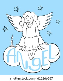 Angel girl on cloud. Vector cartoon illustration. 