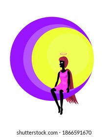 An angel girl in a pink dress sits on a crescent moon. Vector illustration.
