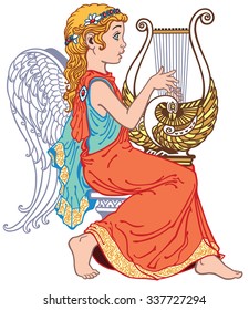 angel girl playing lyre , side view isolated image