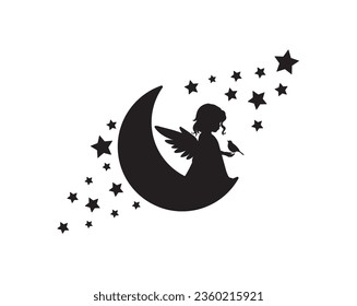 Angel girl silhouette on a moon holding little bird, vector. Girl angel silhouette on a moon with stars. Wall decals isolated on white background, art design, artwork. Black and white art design