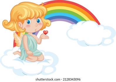 Angel girl sitting on a cloud with rainbow in caartoon style illustration