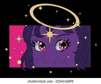 Angel girl with a sparkling halo in anime pop art style. Poster or t-shirt print template.