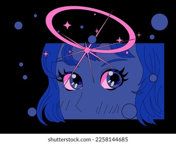 Angel girl with a sparkling halo in anime pop art style. Poster or t-shirt print template.