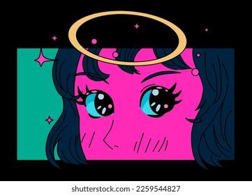 Angel girl with a sparkling halo in anime pop art style. Poster or t-shirt print template.
