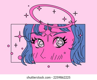 Angel girl with a sparkling halo in anime pop art style. Poster or t-shirt print template.