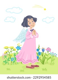 Сute angel girl stands in a flower meadow and looks at a shooting star. In cartoon style. Isolated on white background. Vector flat illustration