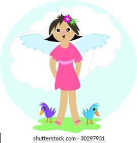 Angel Girl with Two Birds Vector