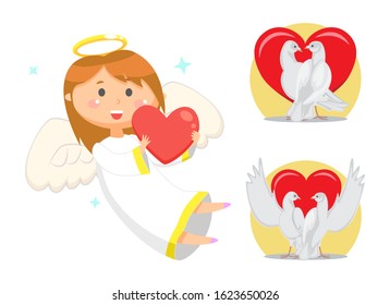 Angel girl vector, child with nimbus and halo holding heart. Doves pigeons as symbol of devotion and purity of love. Saint Valentines day celebration