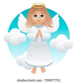 An angel girl in a white dress against a background of clouds.