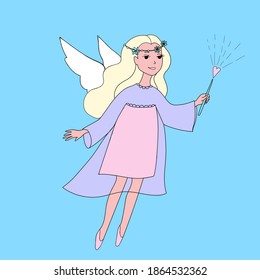 
Angel girl with white wings and cute dress, Cupid for Valentine's Day, Charming fairy with blond hair and magic wand, vector illustration in doodle style, isolate on a colored background