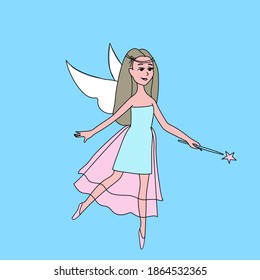 
Angel girl with white wings and cute dress, Cupid for Valentine's Day, Charming fairy with blond hair and magic wand, vector illustration in doodle style, isolate on a colored background