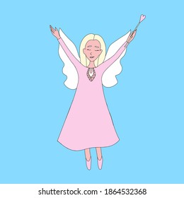 
Angel girl with white wings and cute dress, Cupid for Valentine's Day, Charming fairy with blond hair and magic wand, vector illustration in doodle style, isolate on a colored background