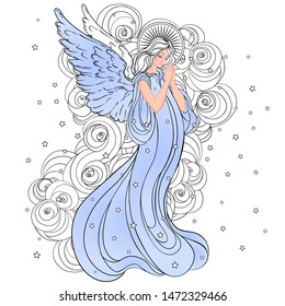 Angel girl with wings, cross, roses and halo. Isolated hand drawn vector illustration. Trendy Vintage style element. Spirituality, occultism, alchemy, magic. 