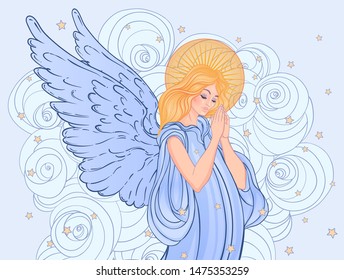 Angel girl with wings, cross, roses and halo. Isolated hand drawn vector illustration. Trendy Vintage style element. Spirituality, occultism, alchemy, magic. 