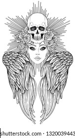 Angel girl with wings and halo. Isolated hand drawn vector illustration. Trendy Vintage style element. Spirituality, occultism, alchemy, magic. Coloring book. 