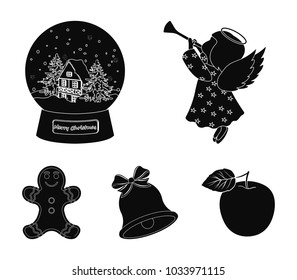 Angel, glass bowl, gingerbread and bell black icons in set collection for design. Christmas vector symbol stock web illustration.