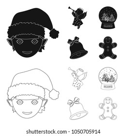 Angel, glass bowl, gingerbread and bell black,outline icons in set collection for design. Christmas vector symbol stock web illustration.