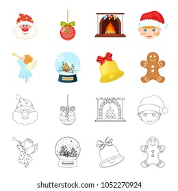 Angel, glass bowl, gingerbread and bell cartoon,outline icons in set collection for design. Christmas vector symbol stock web illustration.