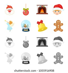 Angel, glass bowl, gingerbread and bell cartoon,monochrome icons in set collection for design. Christmas vector symbol stock web illustration.