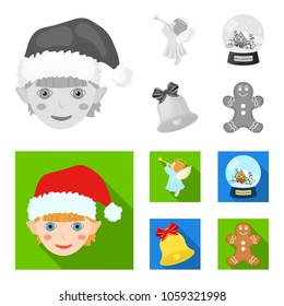 Angel, glass bowl, gingerbread and bell monochrome,flat icons in set collection for design. Christmas vector symbol stock web illustration.