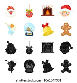 Angel, glass bowl, gingerbread and bell black,cartoon icons in set collection for design. Christmas vector symbol stock web illustration.