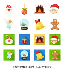 Angel, glass bowl, gingerbread and bell cartoon,flat icons in set collection for design. Christmas vector symbol stock web illustration.