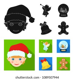 Angel, glass bowl, gingerbread and bell black, flat icons in set collection for design. Christmas vector symbol stock web illustration.